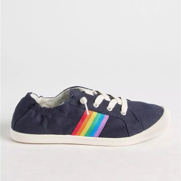 Torrid - 11 WW, Ruched Cuff Sneaker (Wide Width) in Navy & Rainbow - Picture 9 of 12